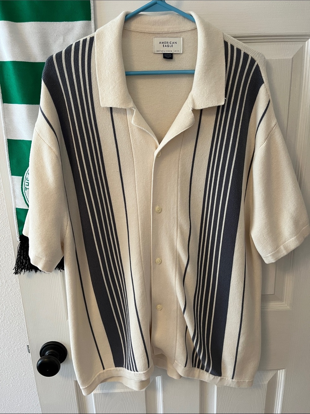 American Eagle Outfitters Cream Shirt with Blue Stripe Panels